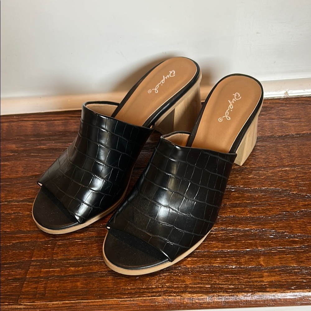 Black open toed block heels